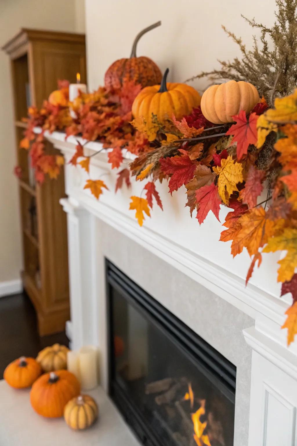 A high mantel adorned with seasonal artifacts, featuring autumnal foliage and gourds.
