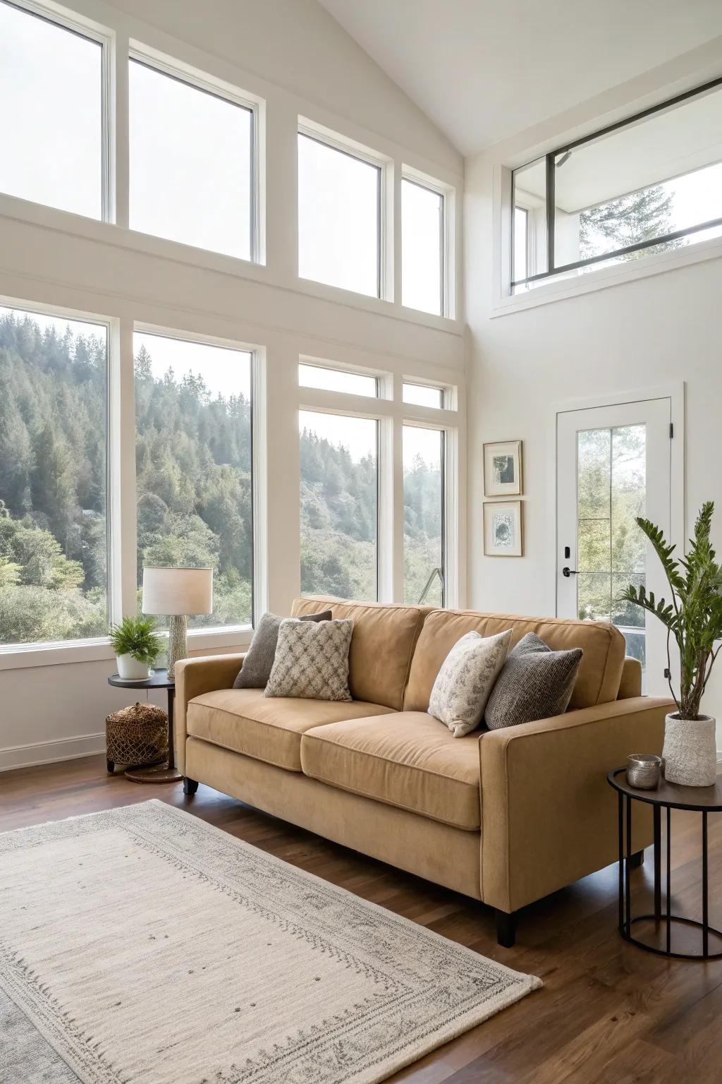 An open layout featuring a beige sofa encourages relaxation.