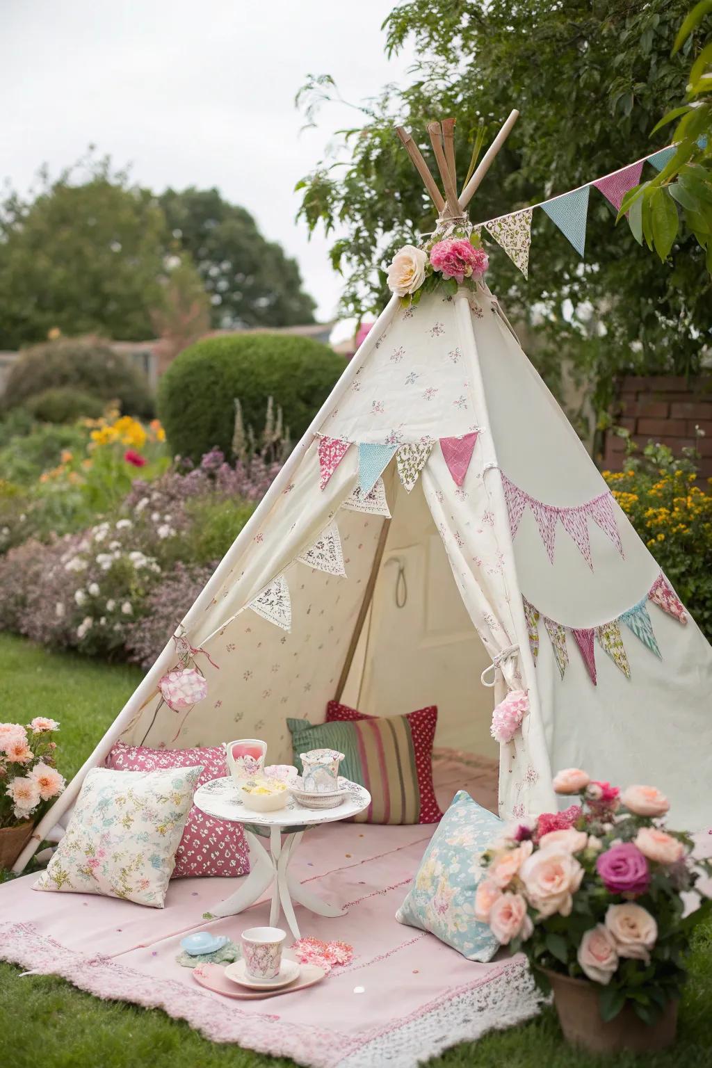 An enchanting teepee pavilion arrangement injects a whimsical element into the tea gathering.