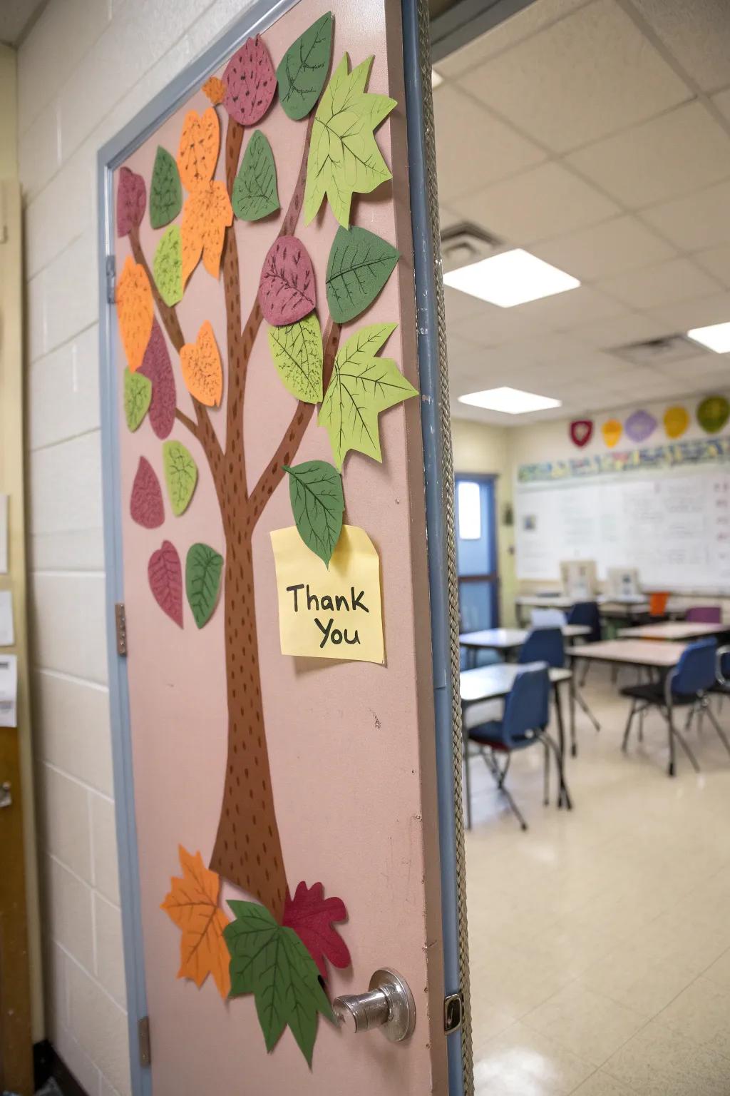 Embrace nature's beauty with a tree and leaves-themed door.