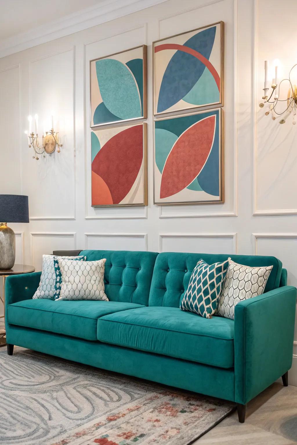 Striking mural artistry can elevate the visibility of your cobalt settee.