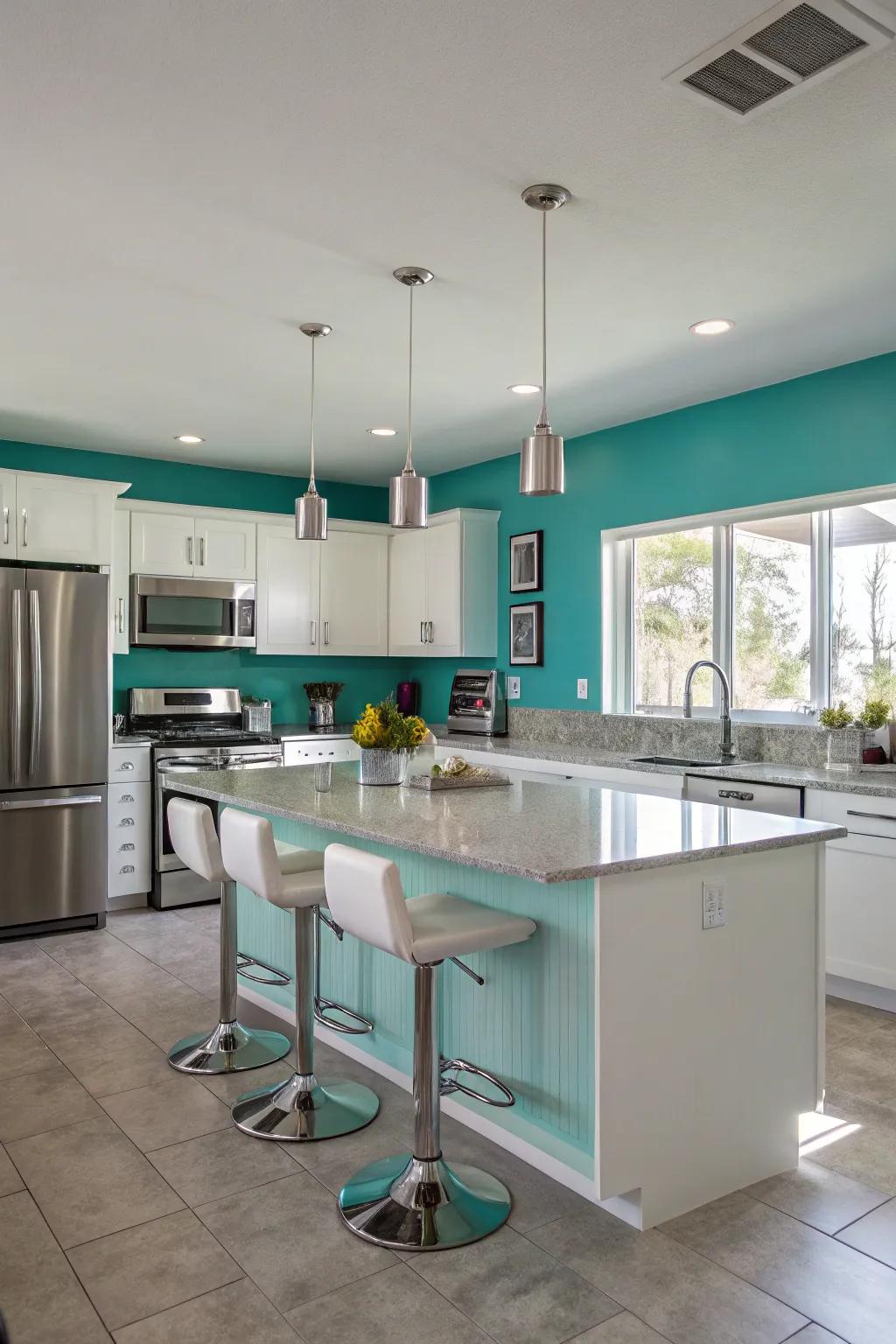 Modern cooking area showcasing turquoise walls and silver highlights.