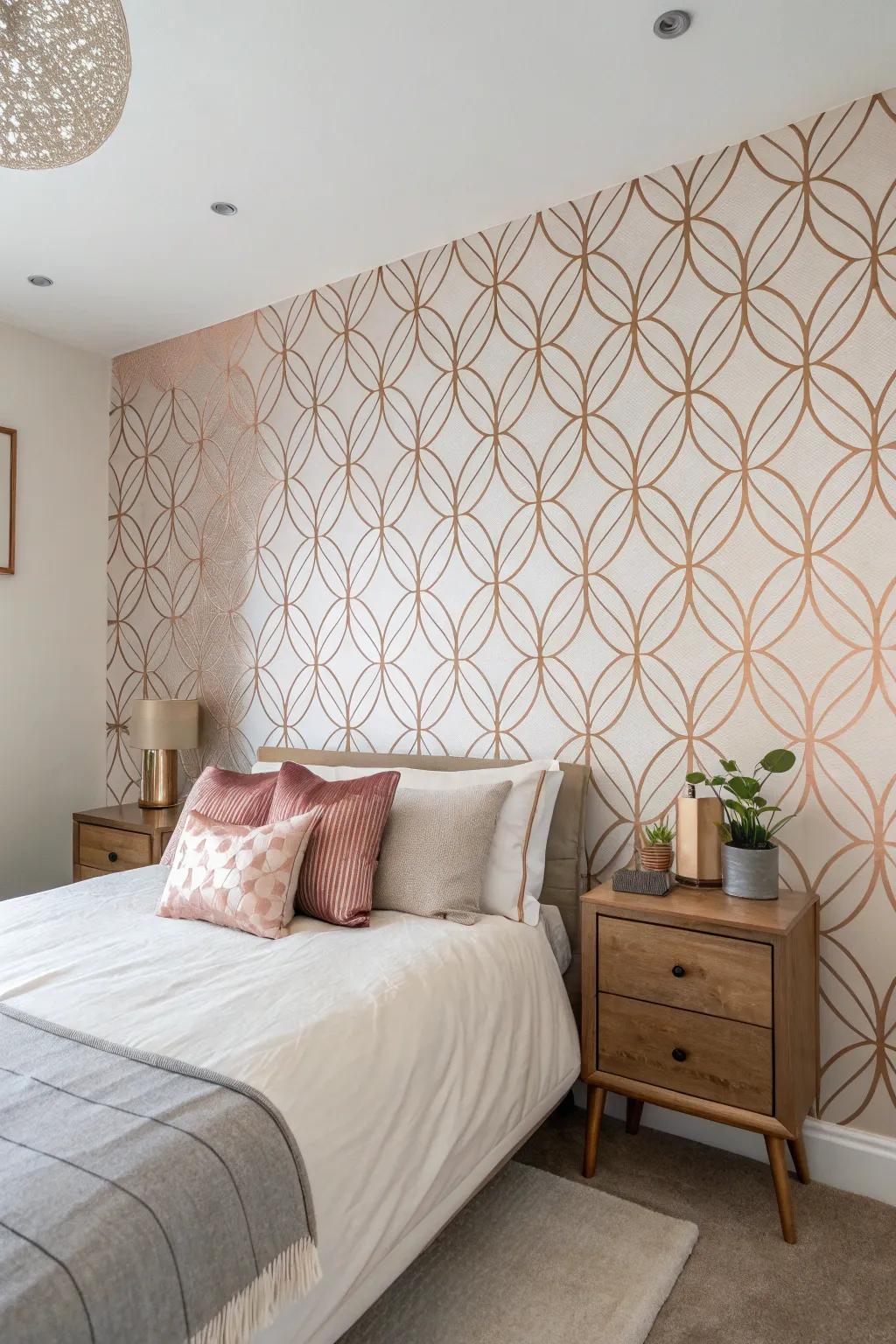 A rose gold accent wall offers a luxurious central point.