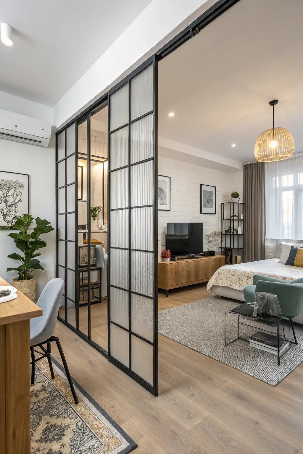 A space divider elegantly partitions a modern studio apartment.