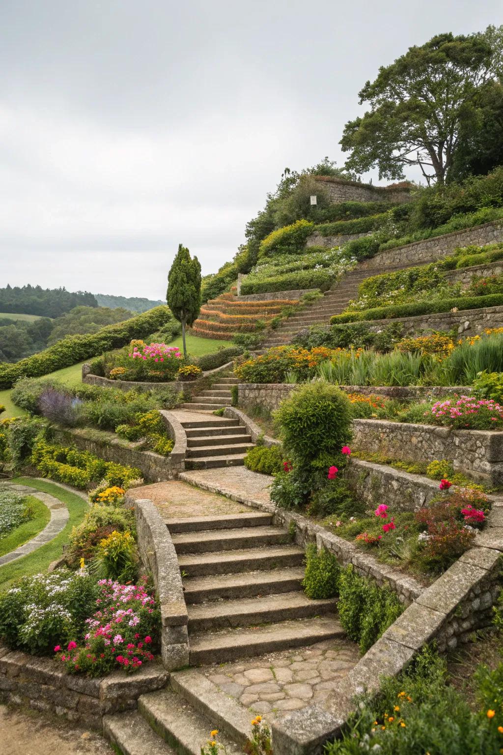 A layered garden with distinctive levels and steps, adding aesthetic appeal to the landscape.