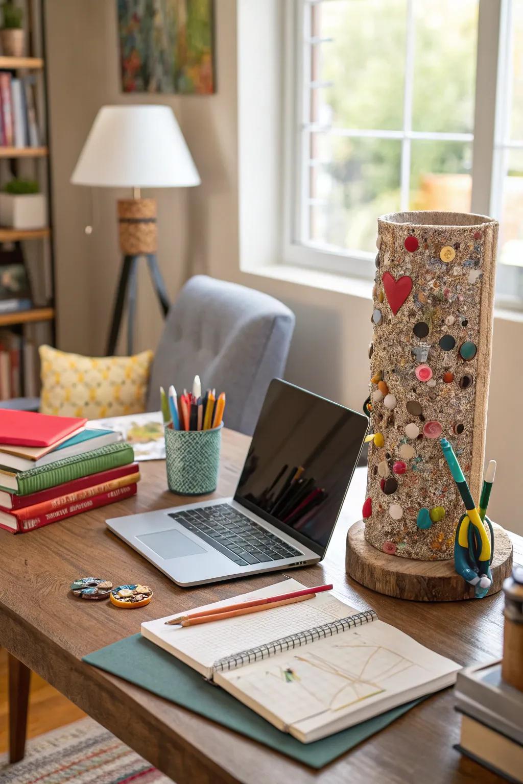An inventive embossed art piece highlights the artistic utilization of ordinary home supplies.