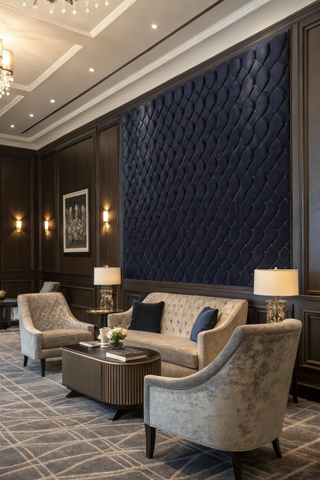 This lounge utilizes a deep navy textured wall to create a dramatic atmosphere.