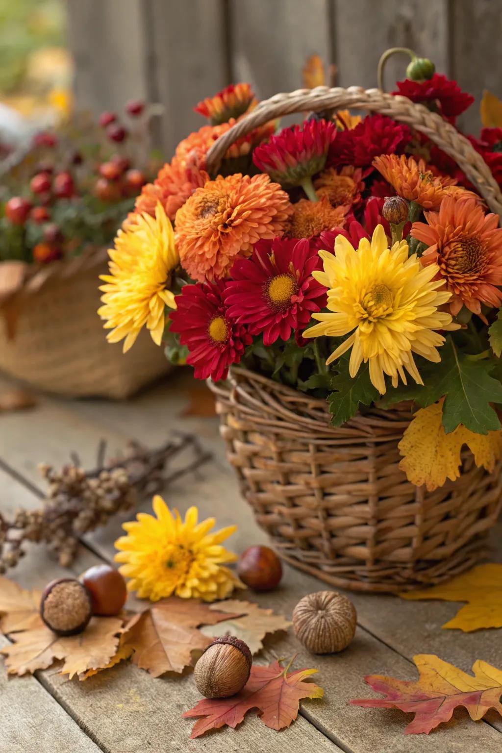 Seasonal blossoms like chrysanthemums introduce a vibrant burst of color.