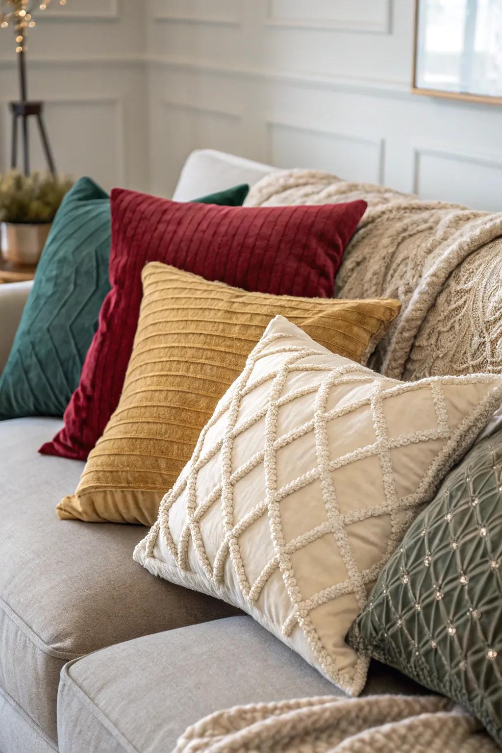 A tangible feast showcasing silk, linen, and knit cushions incorporating depth to the layout.