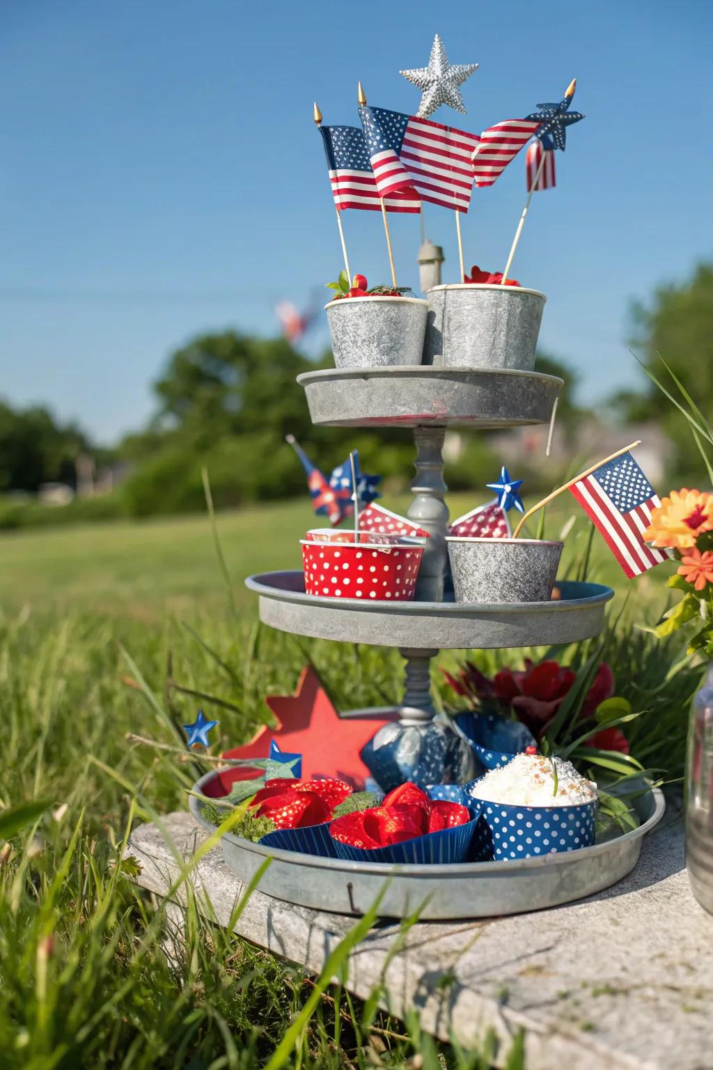 A nationalistic-themed tiered display ideal for honoring Independence Day.