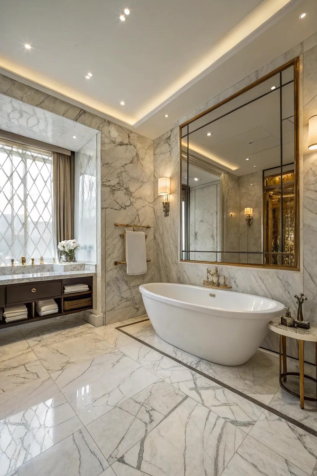 Marble panels impart a refined and elegant touch to any bathtub space.