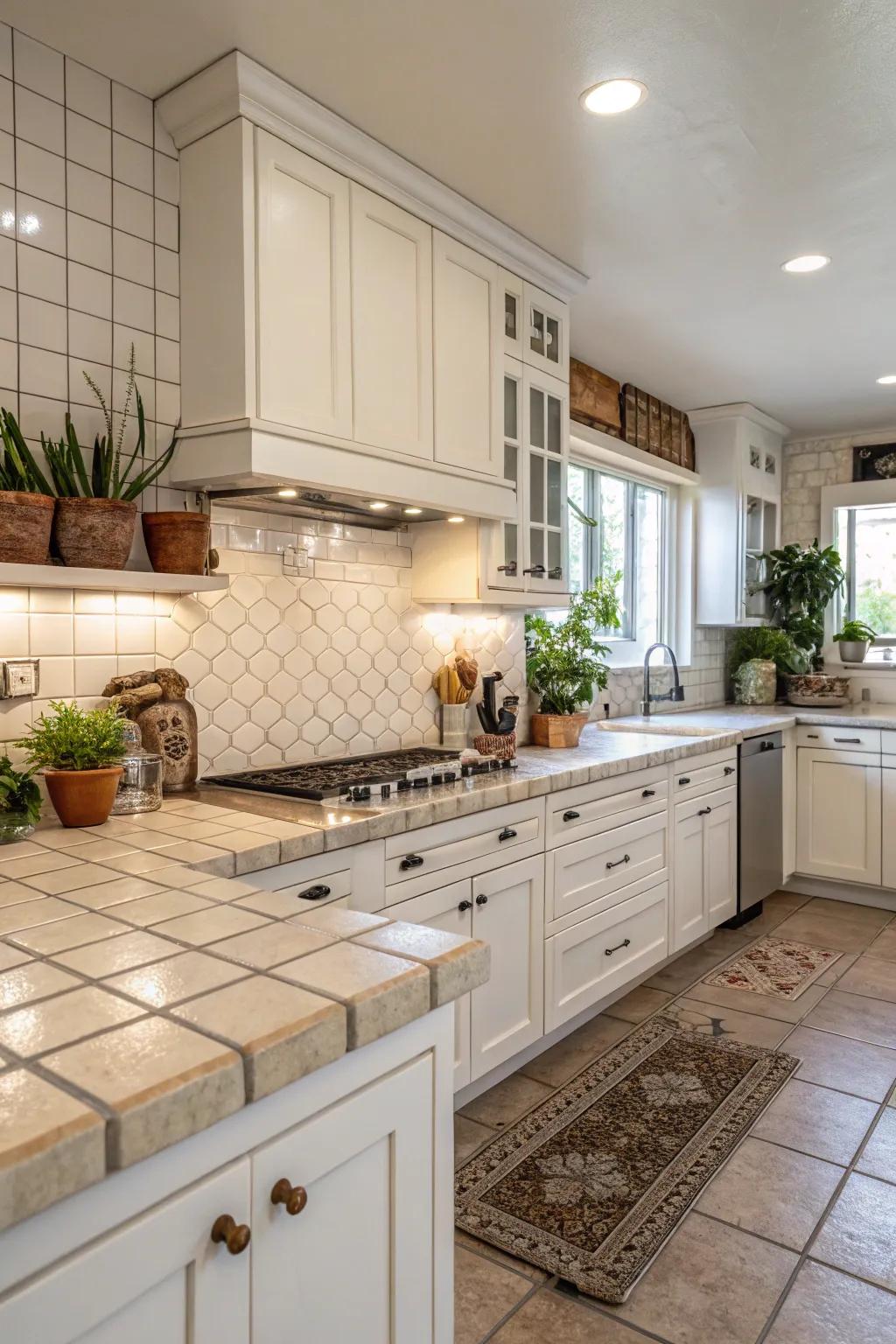 Synchronized tiles enhance the harmony of this kitchen area.