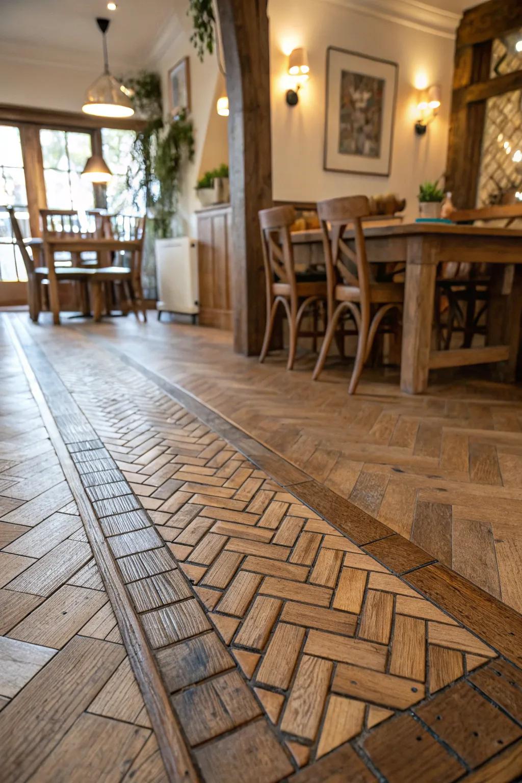Basketweave tiles create a textured transition into a wooden floor.
