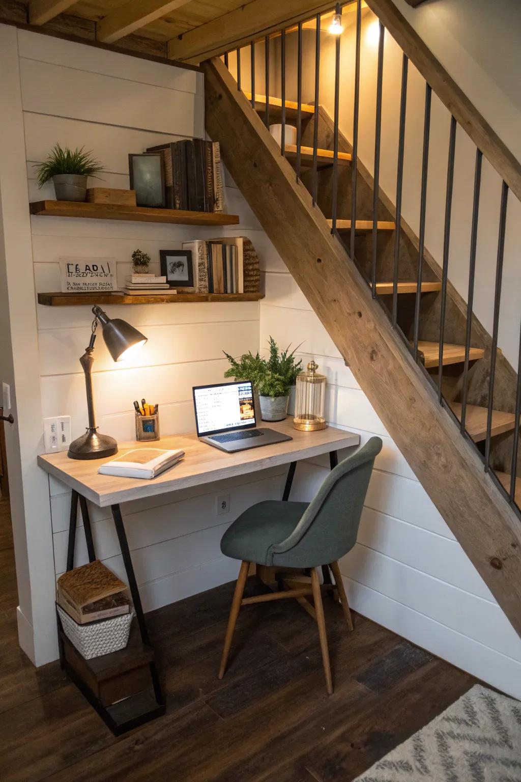 Utilizing the space under stairs can construct a distinctive and private office corner.