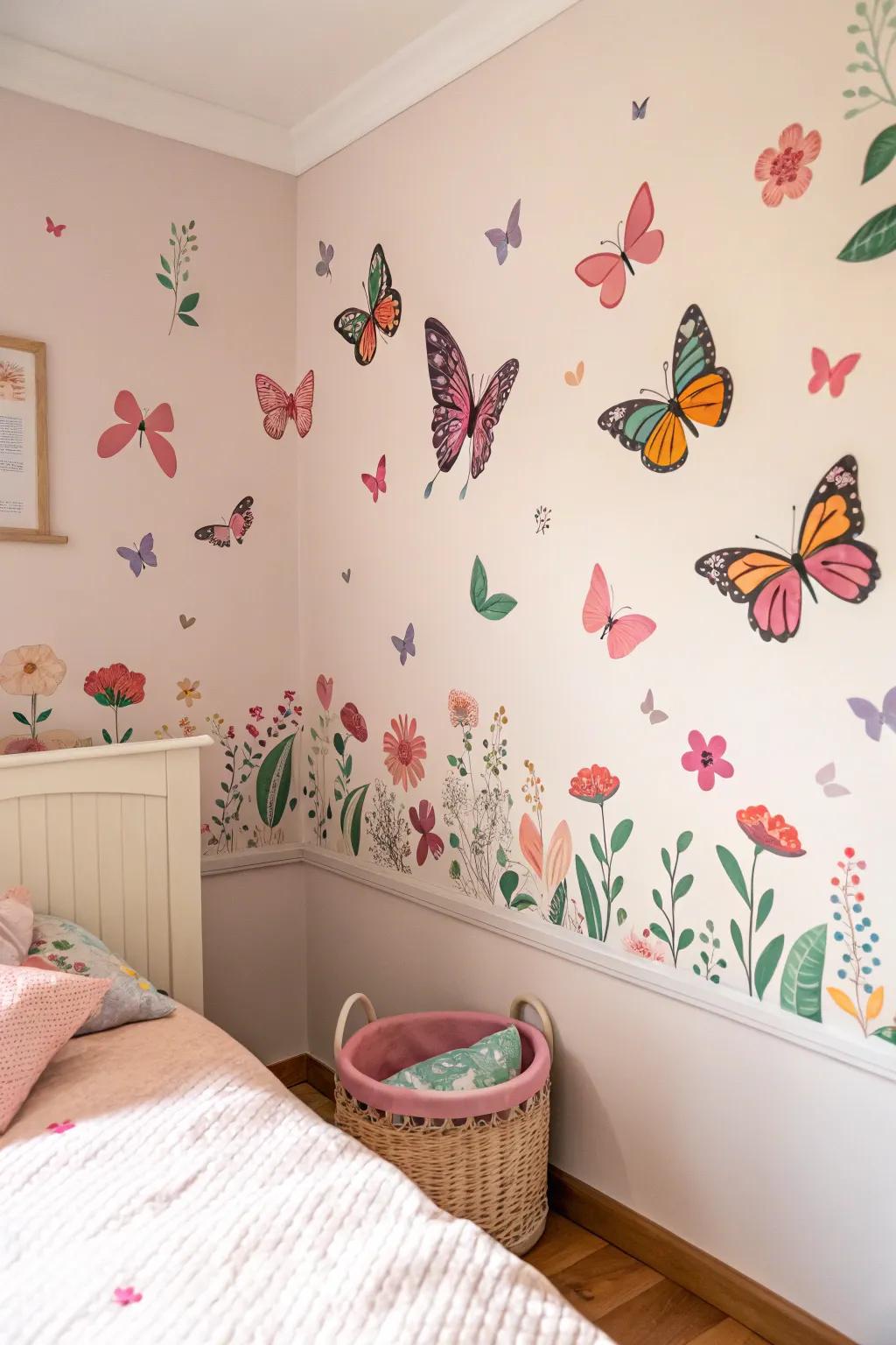 Nature-inspired artwork adds a charming touch to a kid’s bedroom.