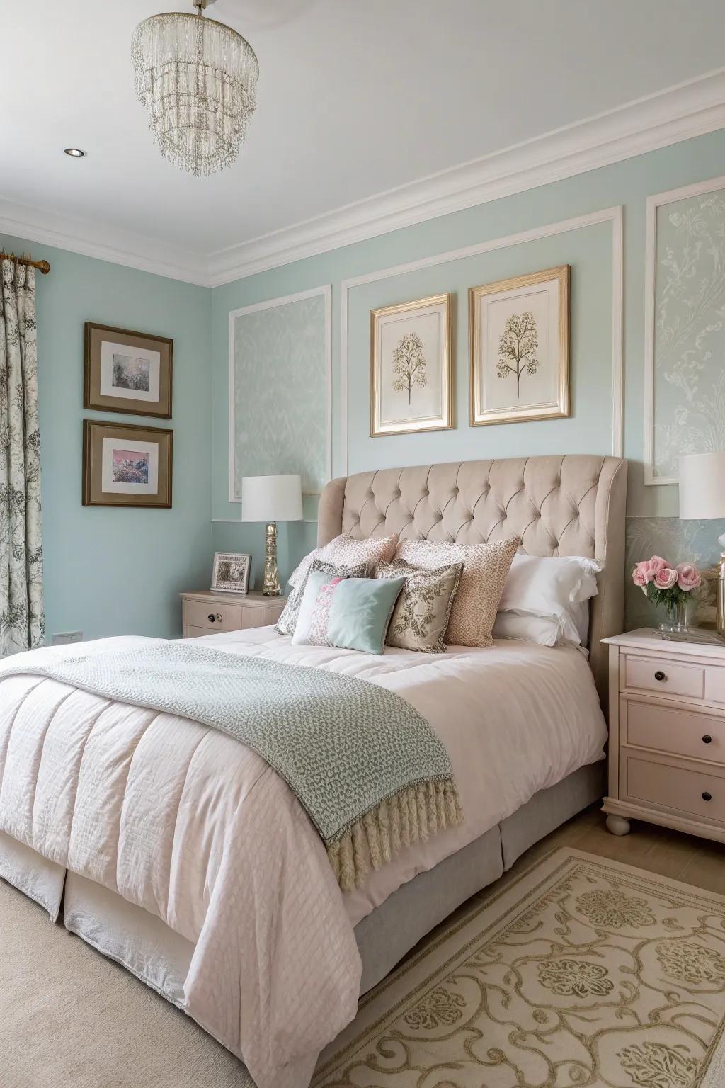 A boudoir featuring subtle pastel walls, creating a graceful ambiance.