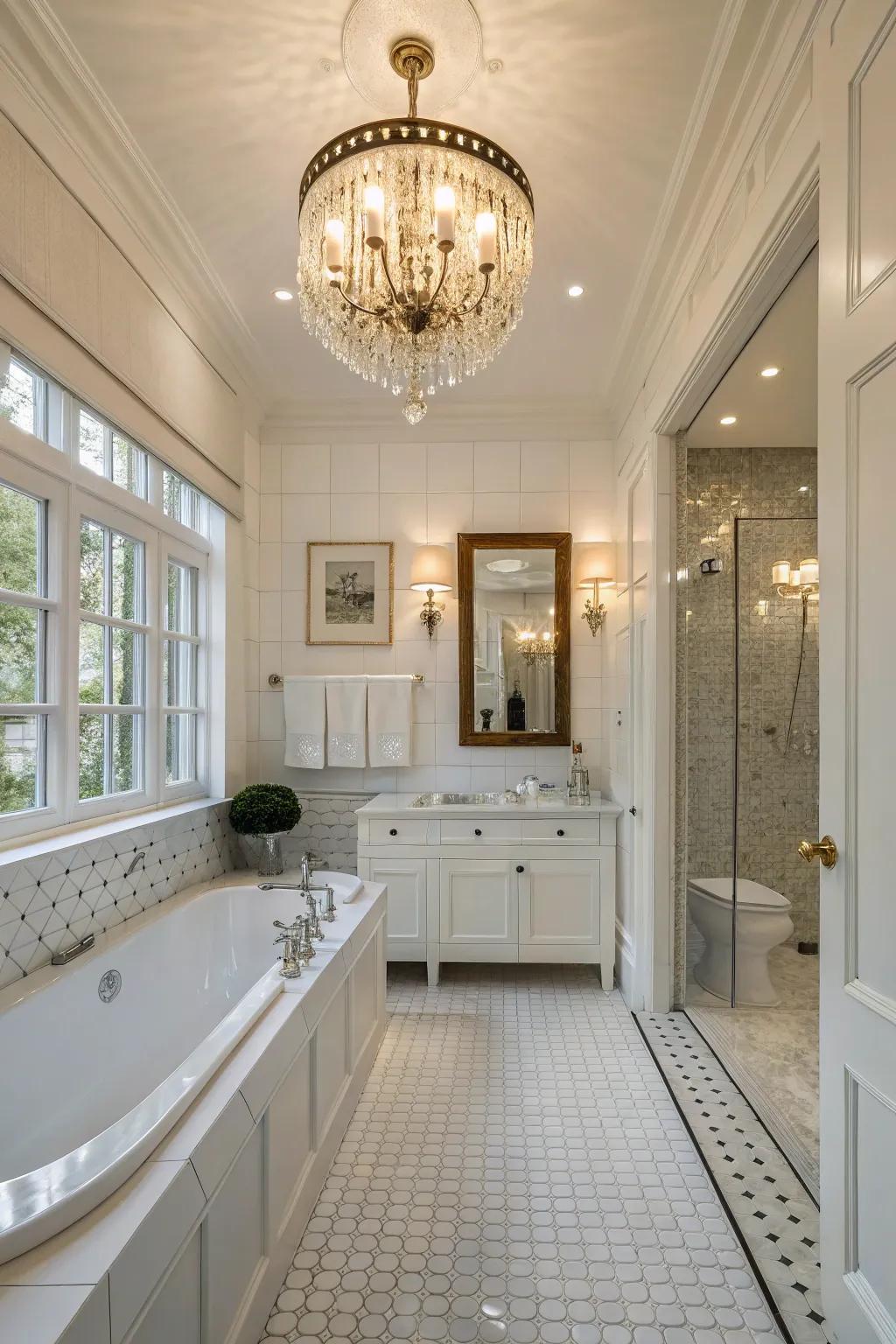 A classic white bathroom with an overhead fixture improving the overall sophistication and lighting.