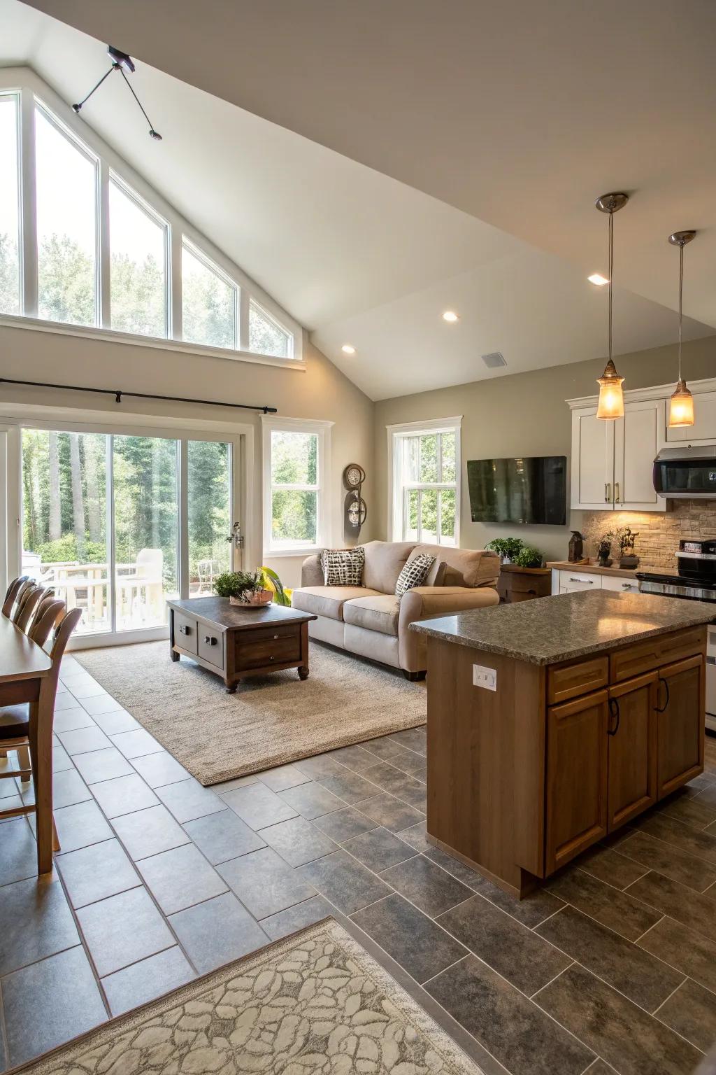 Guide the stream using lounge area stone transitions.