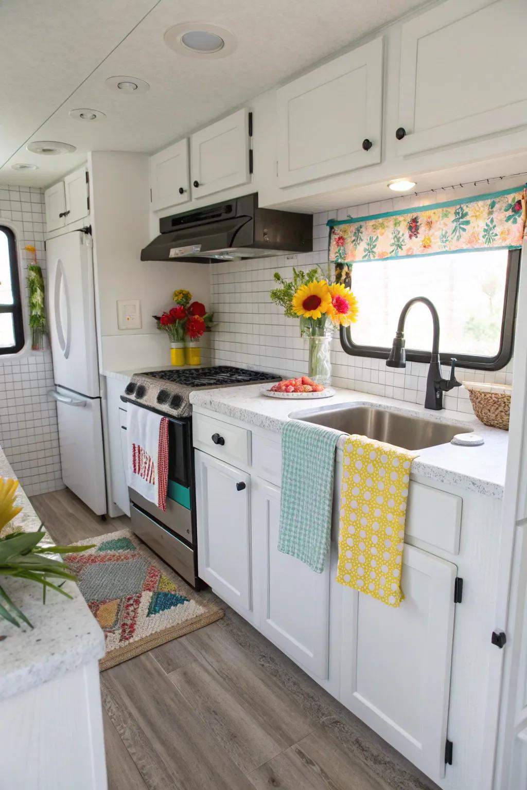 Light-colored squares make your RV kitchen feel open and breezy.