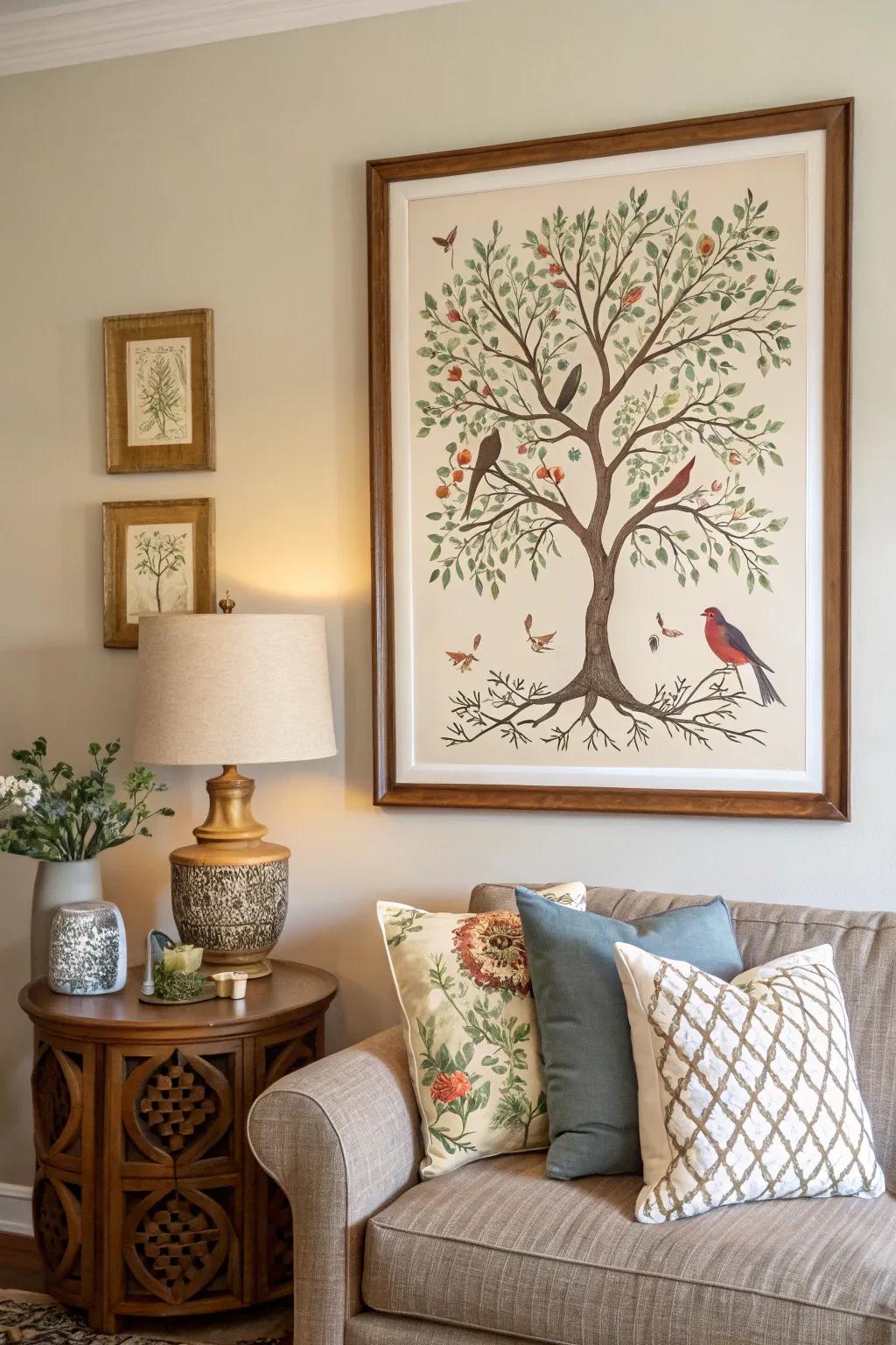 A framed Arbor Vitae print featuring warblers brightens a living room wall.