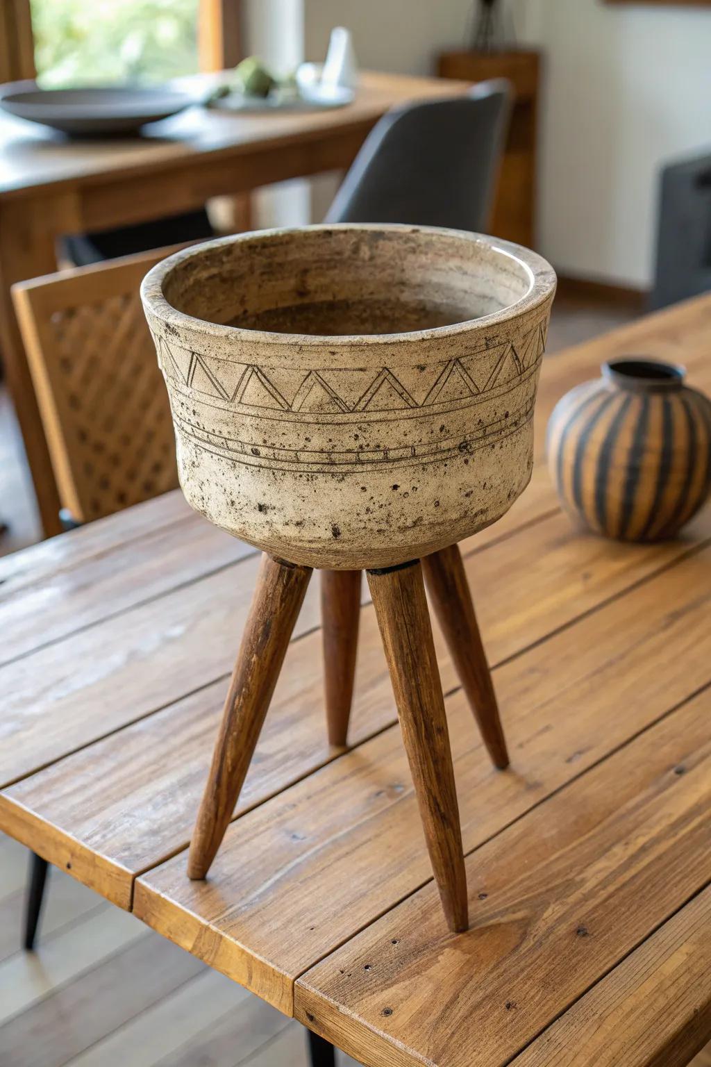 Hand-made traits in tripod vessels highlight artisanal allure.