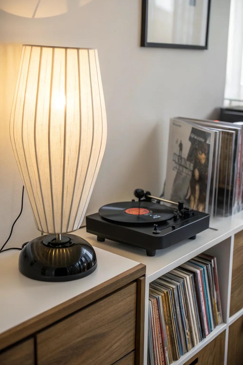 Minimalist illumination component complementing a contemporary record player.