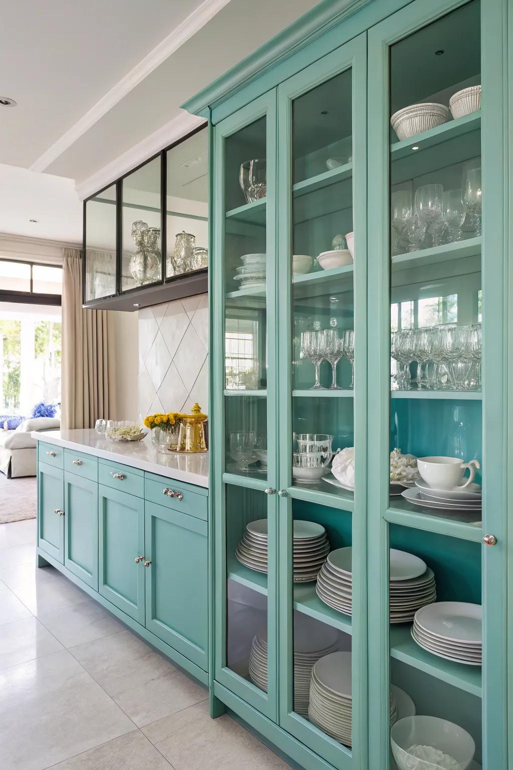 Glass-front cabinets presenting dishware inside a turquoise cooking area.