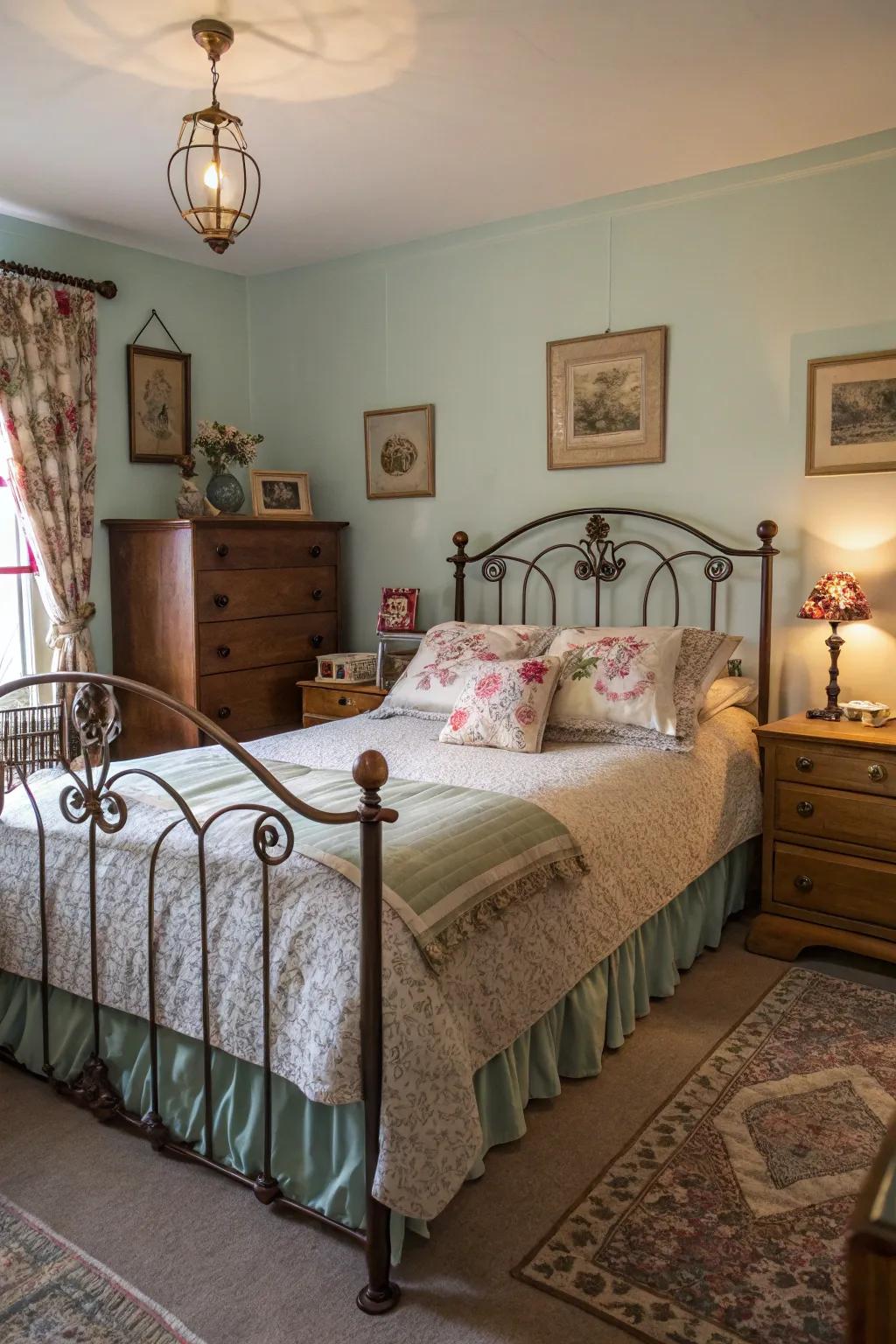Vintage furniture infuses your bedroom with enduring charm.
