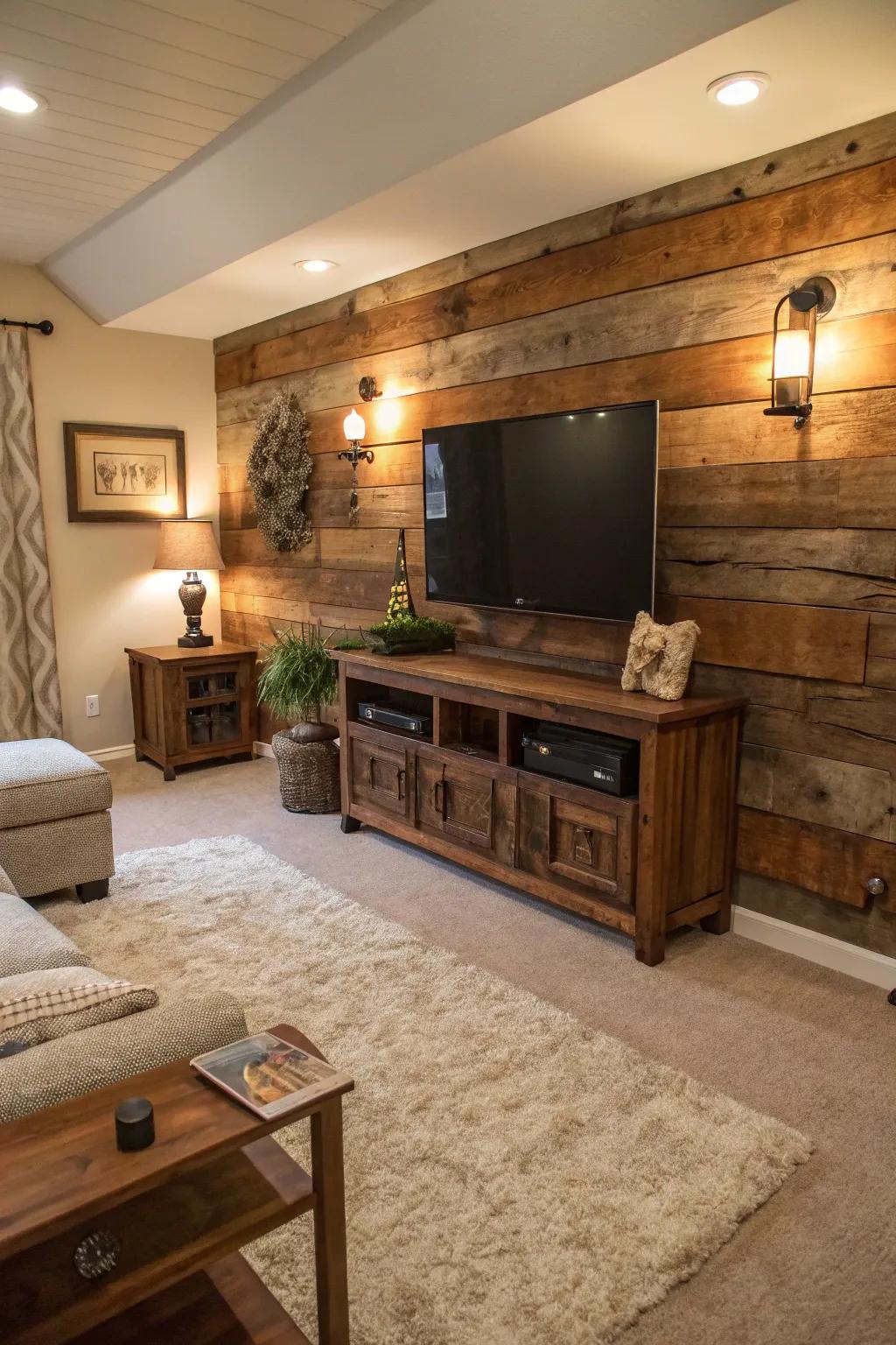 Repurposed wood imbues rustic charm into this TV accent wall, creating a warm and inviting ambiance.