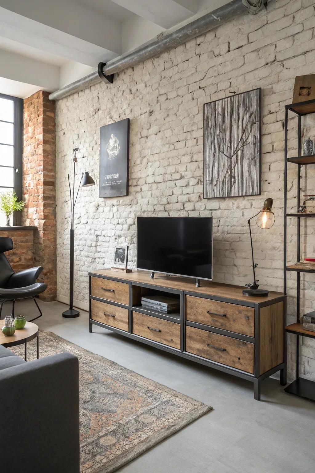 Industrial TV cabinets contribute a touch of urban sophistication.