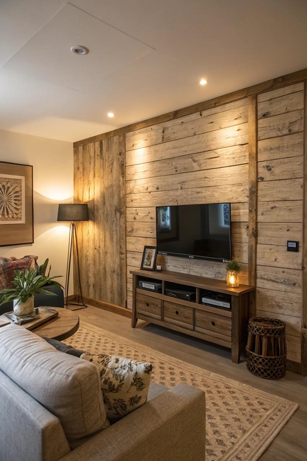 A TV displayed on a textured timber panel wall.