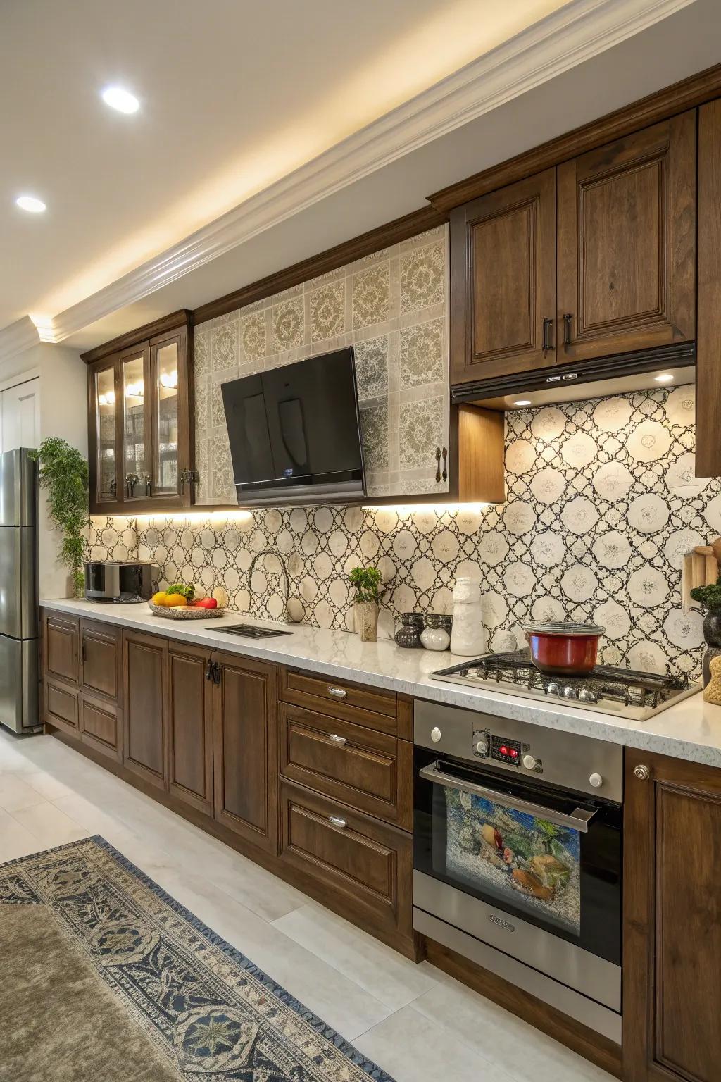 A cooking area where a television enhances both modern and traditional styles.