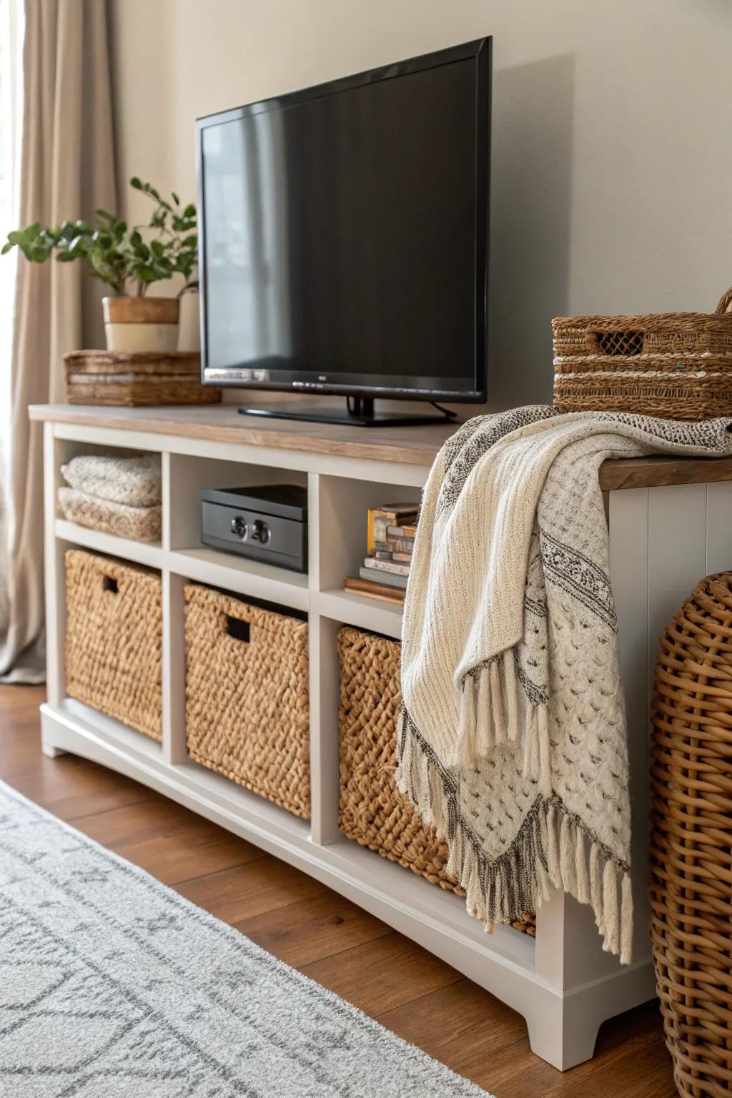 Mixing tactile elements brings depth and inviting warmth to your TV stand aesthetic.
