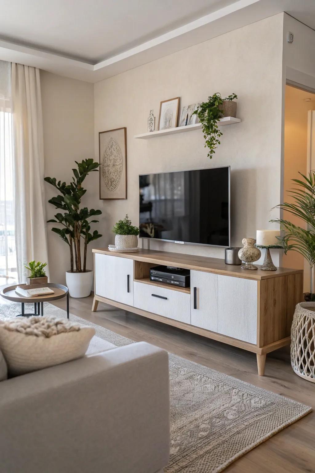 Understated colors offer a tranquil and timeless backdrop for the TV space.