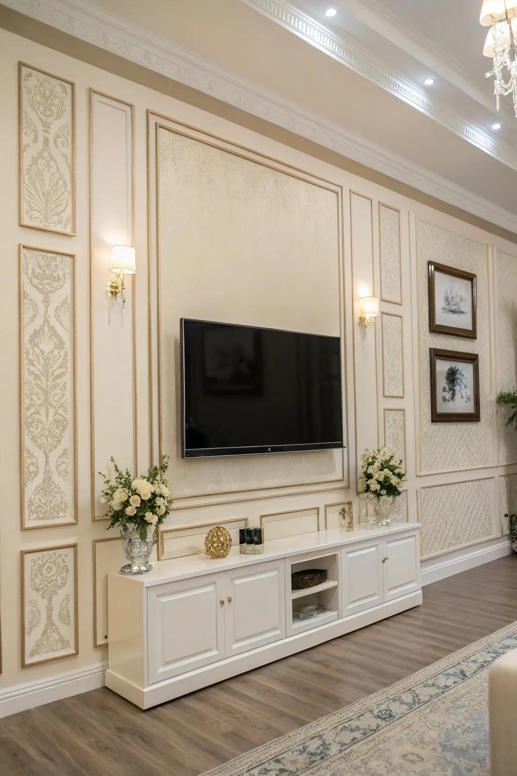 Subdued colors compose a serene and polished TV wall.