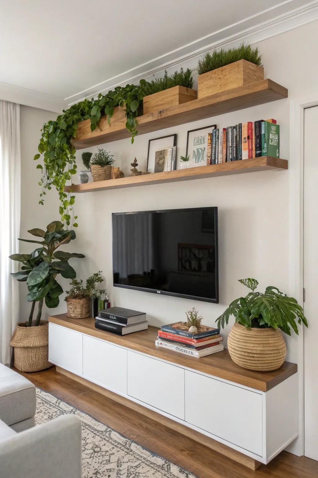 Floating shelves offer stylish storage solutions on this TV wall.