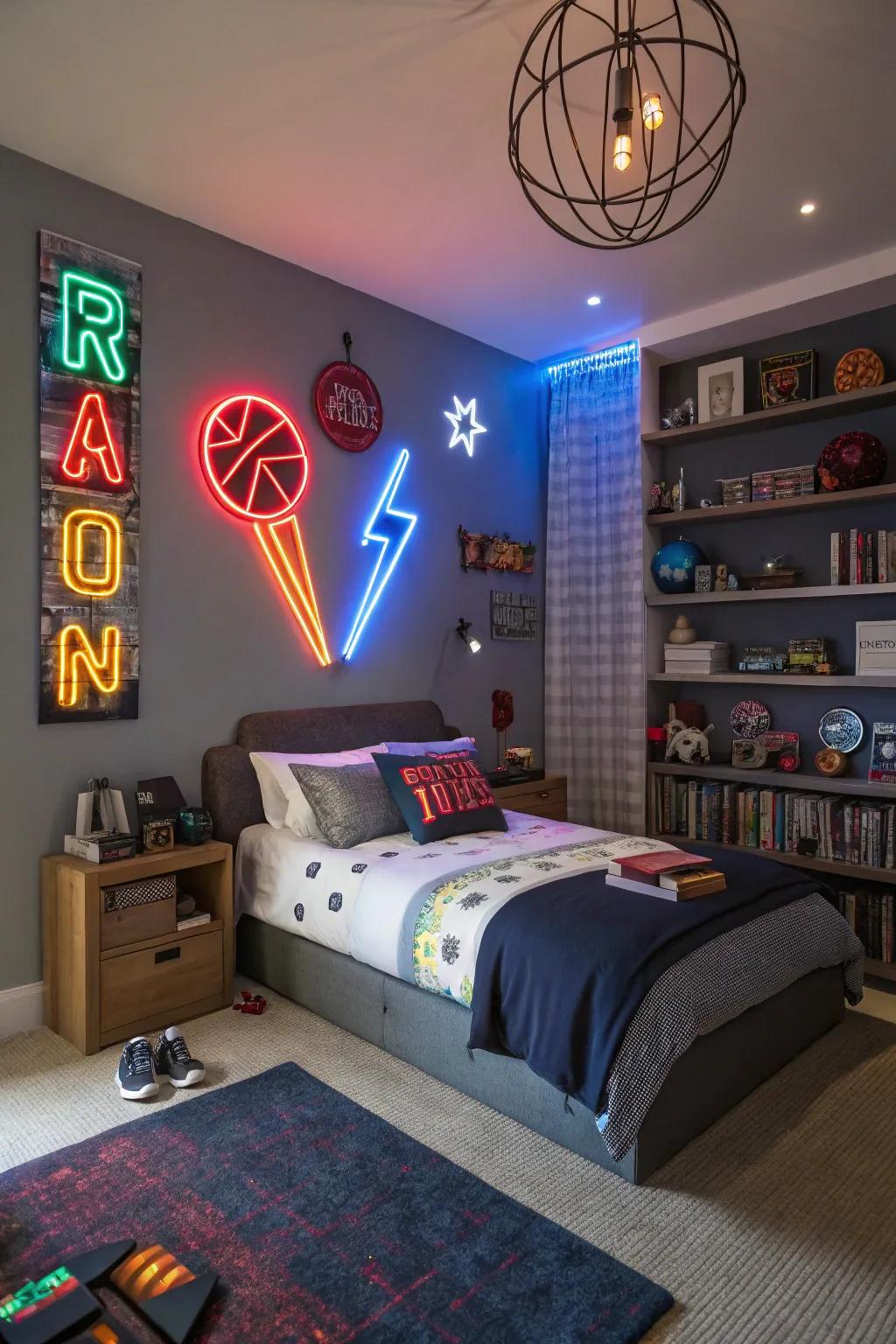 Imaginative lighting highlighted by neon signs in a tween boy’s bedroom.