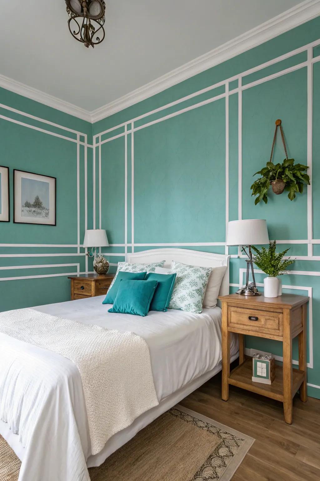An inviting bedroom featuring ocean blue and white mist walls, balancing depth and brightness.