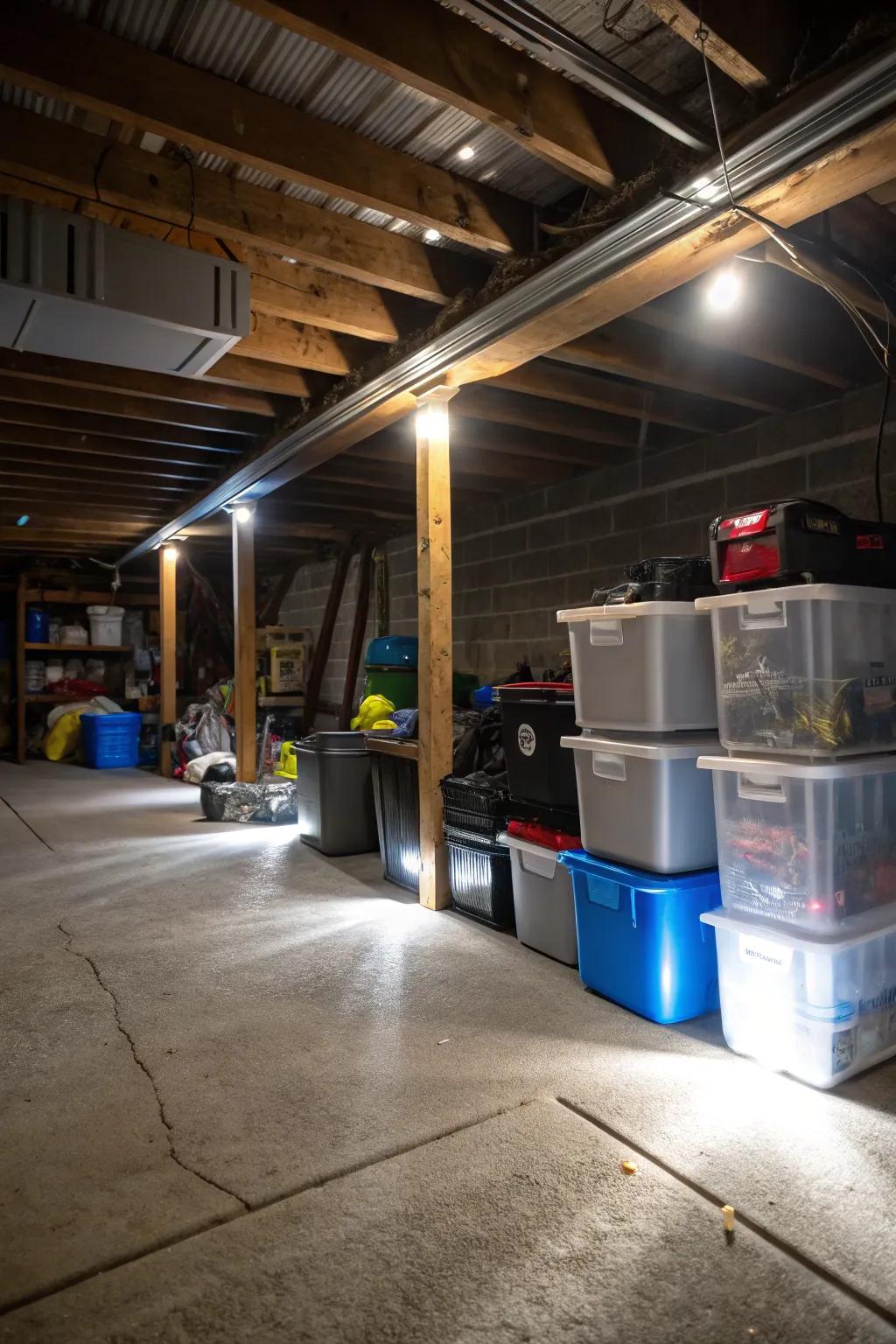 Bright lighting makes your crawl space more functional and welcoming.
