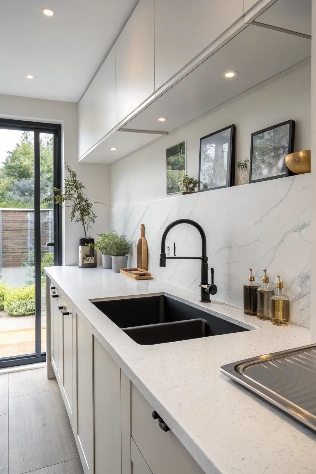 A single basin undermount sink offering simplicity in a minimalist kitchen.