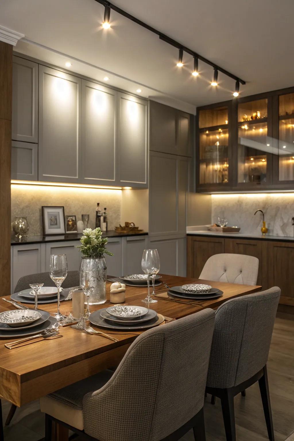 Spotlights impart a sophisticated shine to the dining area.