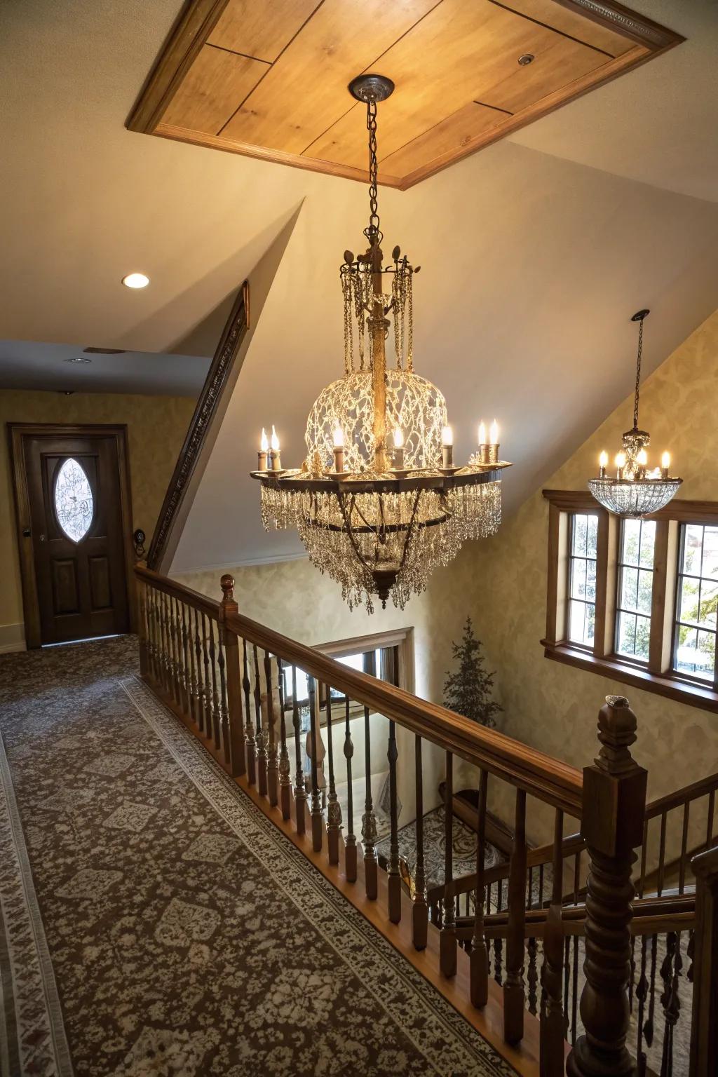 Unique lighting transforms the upper hallway into a showpiece.