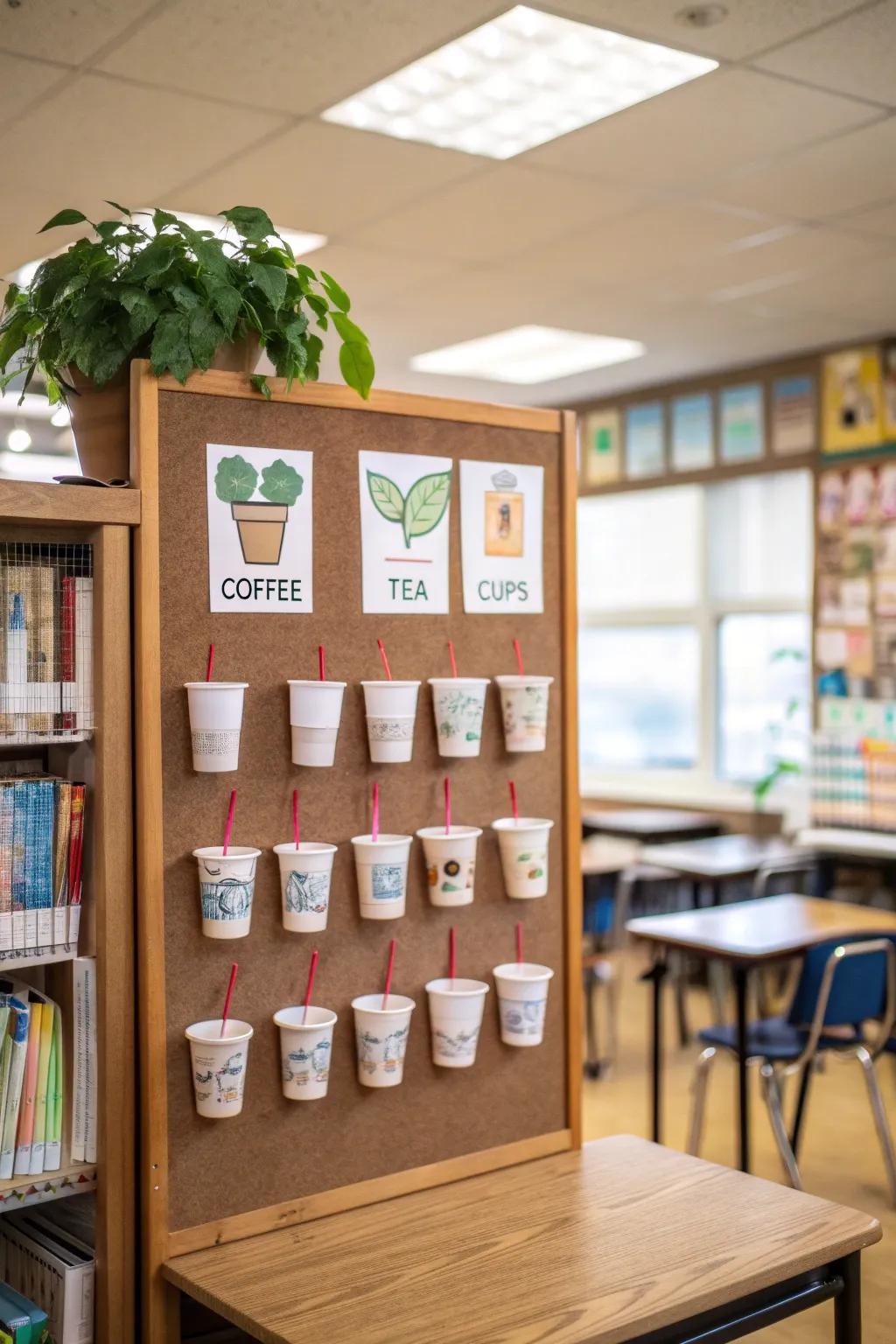 A Benevolence Chalice notice board showcasing coffee cup-shaped notes with compassionate acts.
