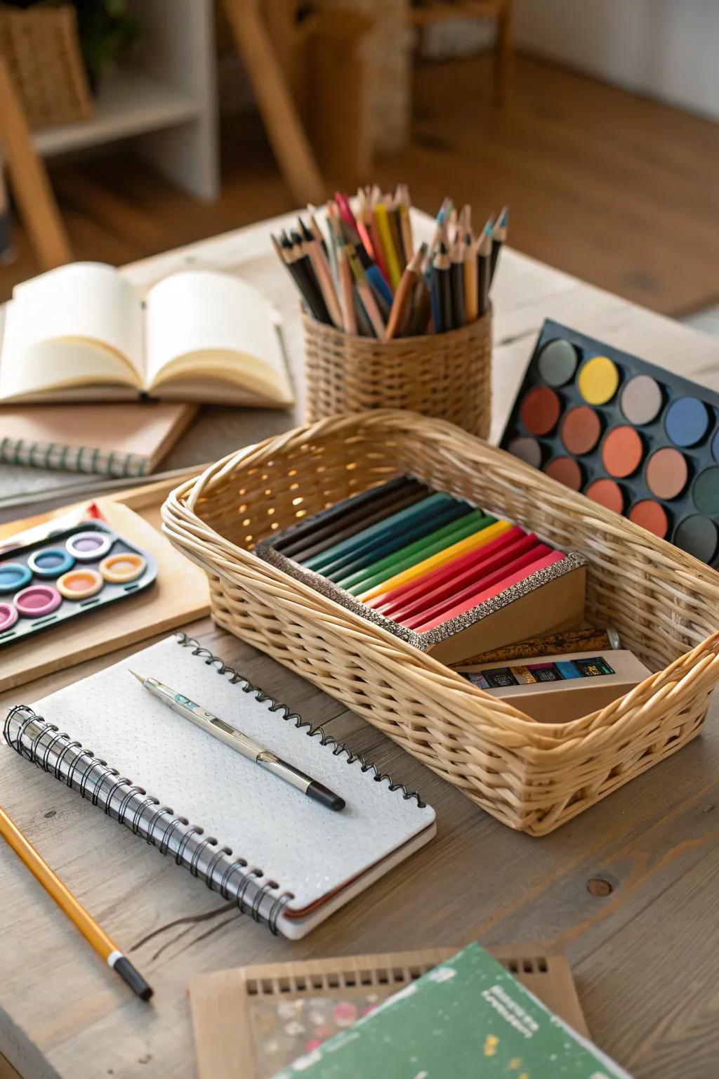 A basket brimming with artistic supplies designed for imaginative souls.