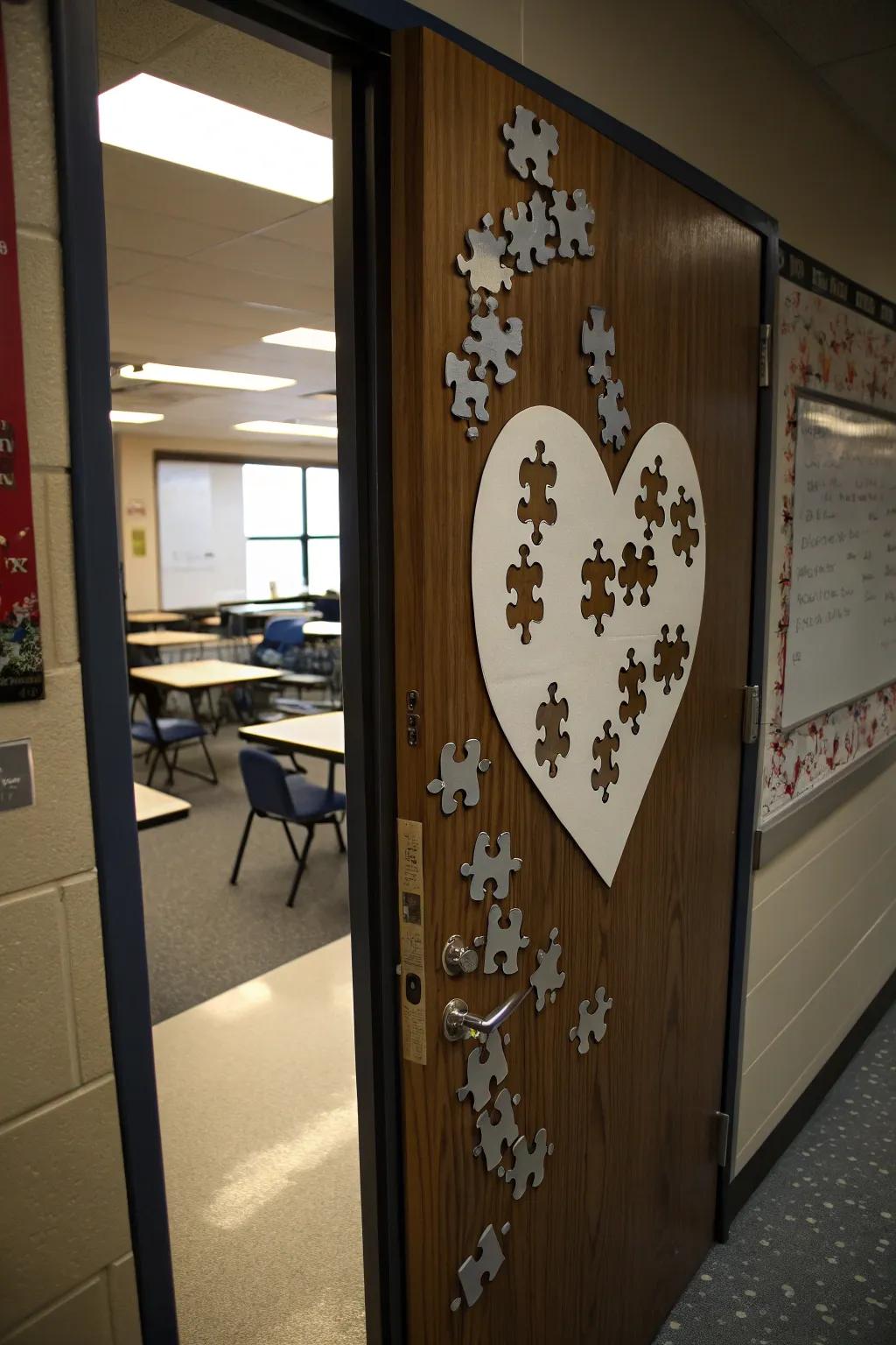 A classroom entrance presenting a heart-shaped puzzle, with each piece symbolizing a pupil.
