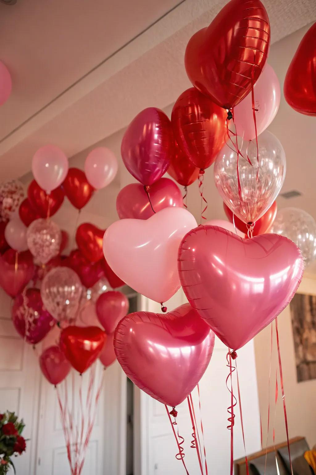 Orchestrate a merry milieu using heart-shaped balloons.