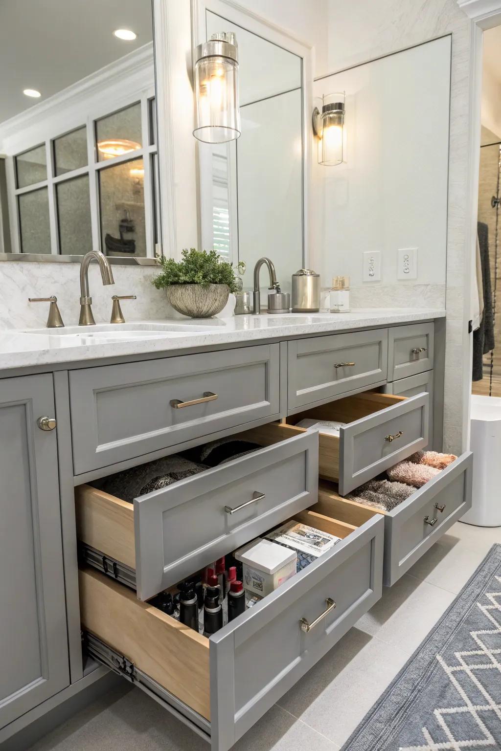 A functional lavatory with comprehensive storage solutions.