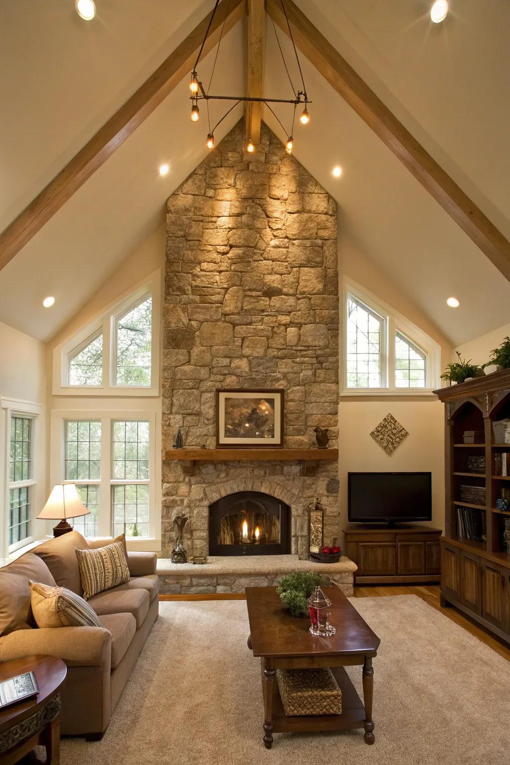 Living room with vaulted ceiling and stone fireplace as part of the feature wall