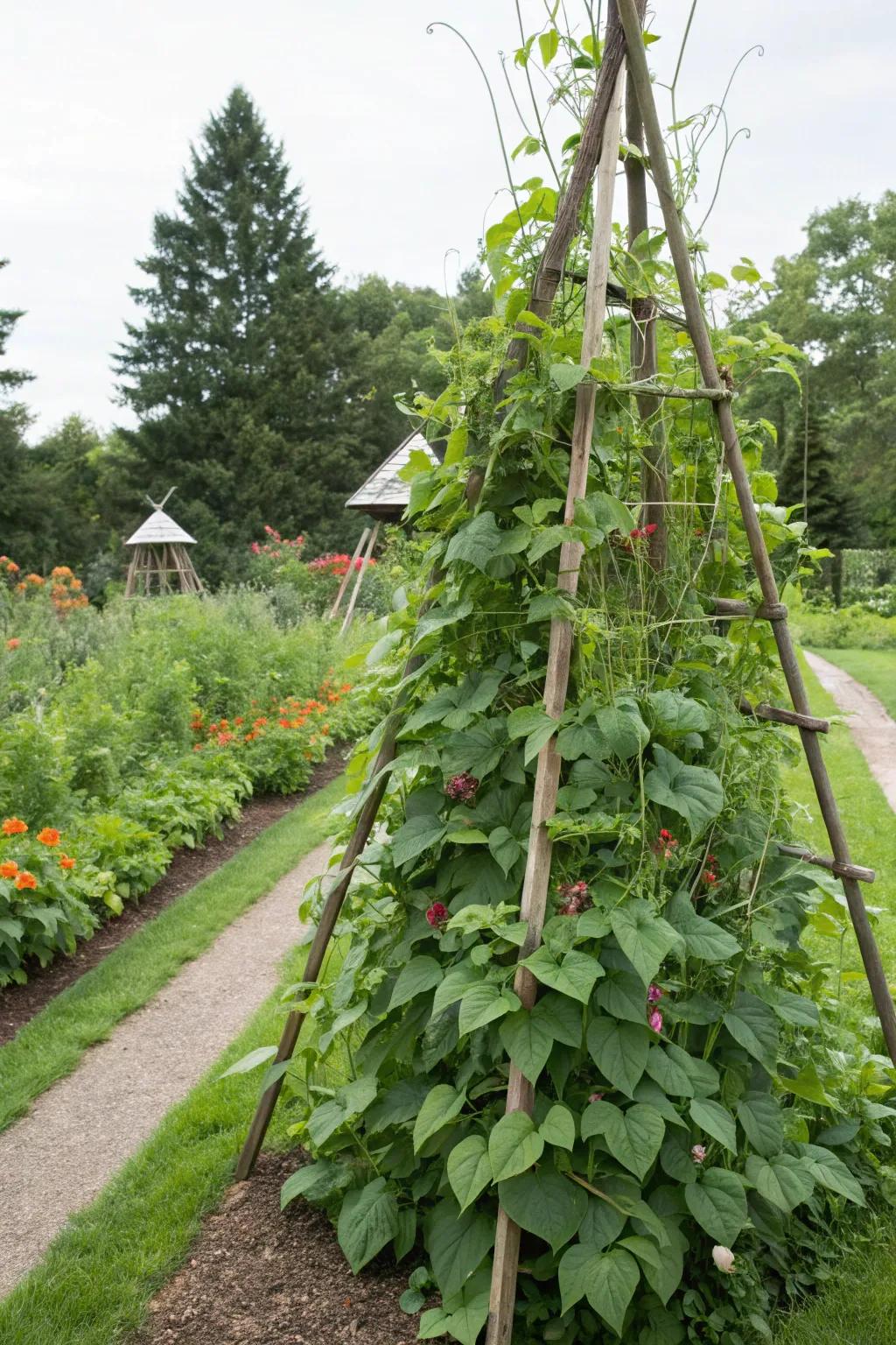 Triangular trellises craft a stunning verdant passageway.