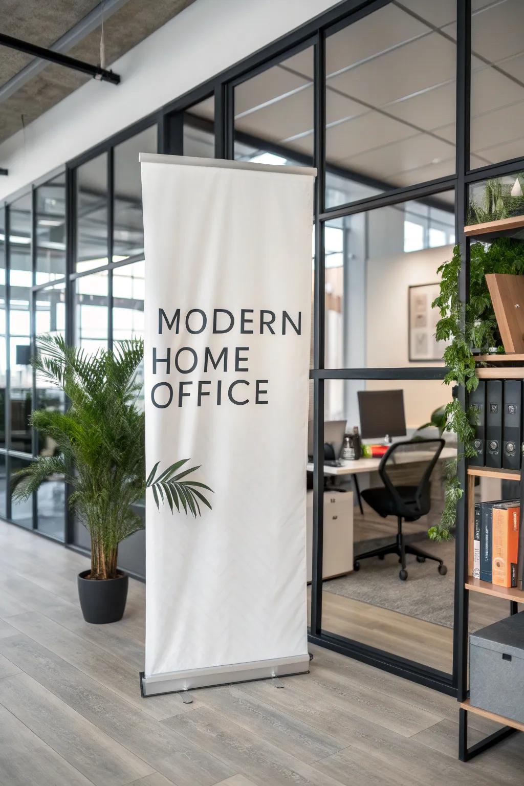 Striking lettering on a vertical banner makes an impression in a home office.